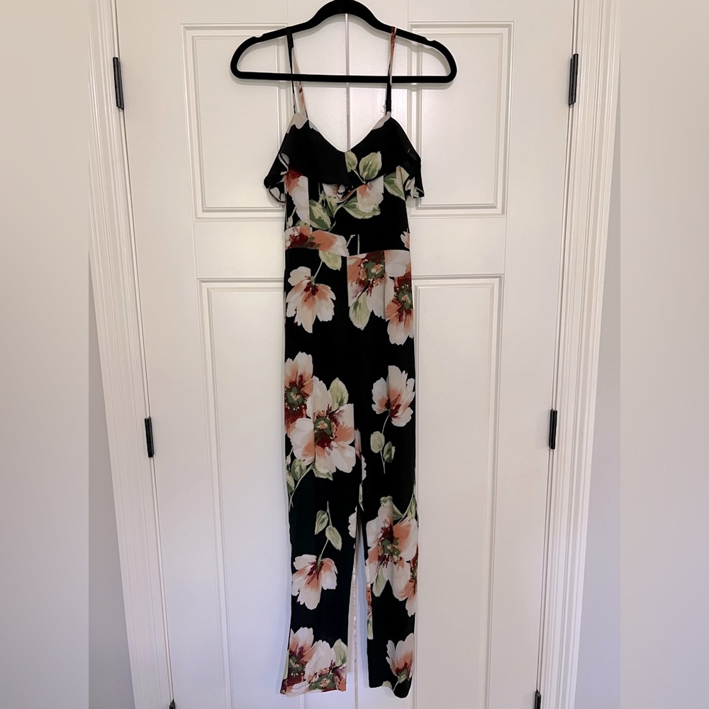 VENUS Black Floral Jumpsuit with Ruffle Neckline